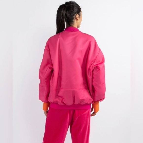 Khrisjoy NWT Satin Oversized Bomber Jacket in Pink GARDENIA Sz 0 (S) - Picture 2 of 11